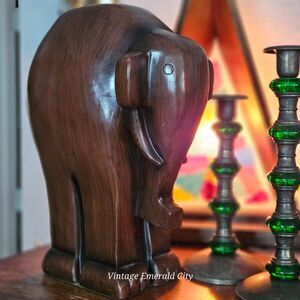 Vtg Carved Resin Elephant Stylized geometric Figure  Sculpture Brown Hand Paint